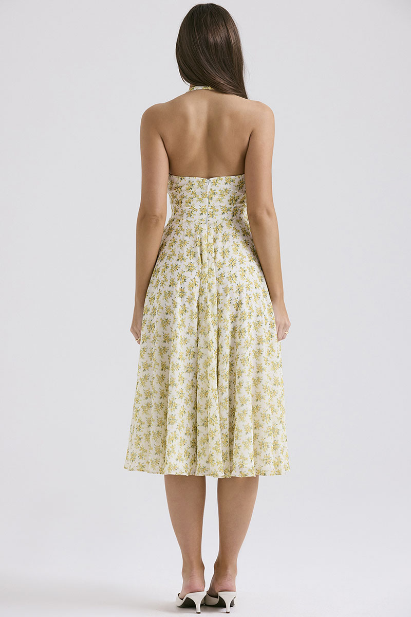 V Neck Halter Cinch Waist Floral Print Pleated Wedding Guest Midi Dresses-Yellow