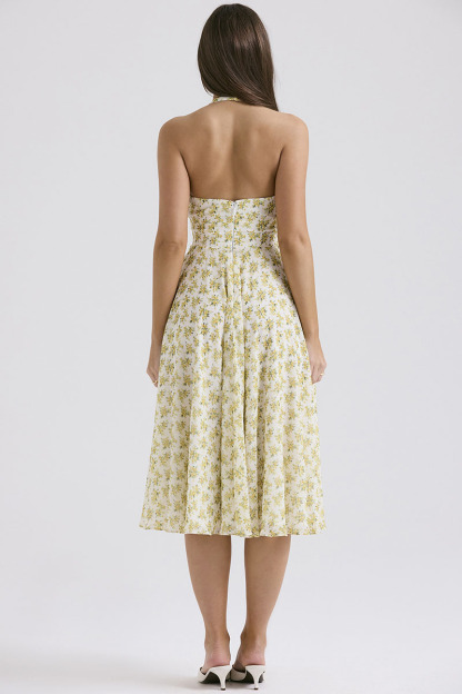 V Neck Halter Cinch Waist Floral Print Pleated Wedding Guest Midi Dresses-Yellow