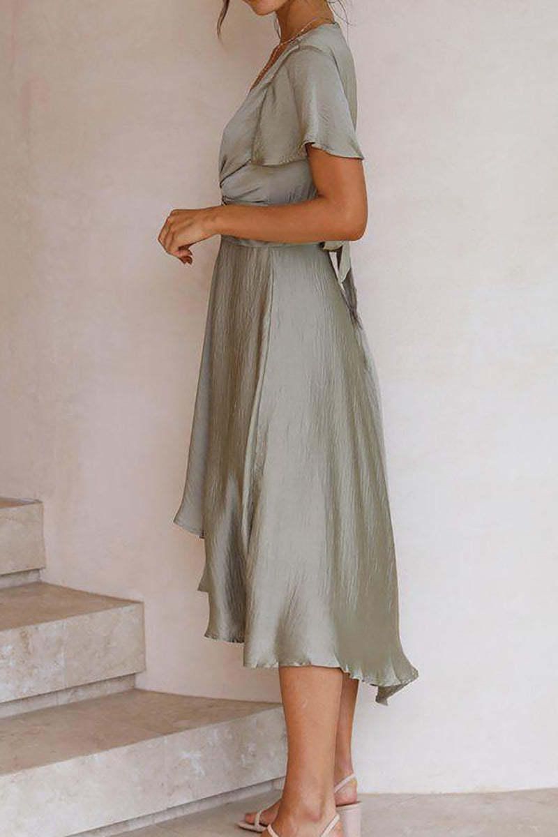 Deep V Neck Petal Sleeve Cut Out Irregular Hem Flowy Midi Dress