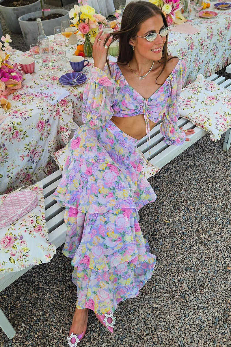 Tie Up Crop Top Layered Maxi Skirt Floral Matching Set-Purple Pre Order