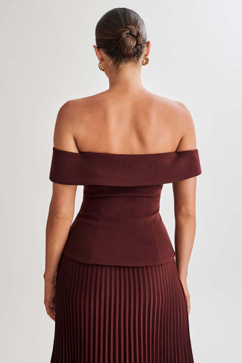 Off Shoulder Double Breasted Top Pleated Mini Skirt Matching Set-Burgundy