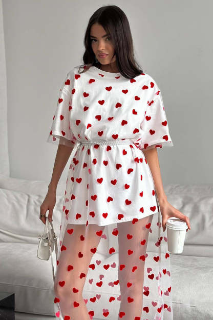 Heart Print Mesh Patchwork Short Sleeve T-shirt Midi Dresses-White