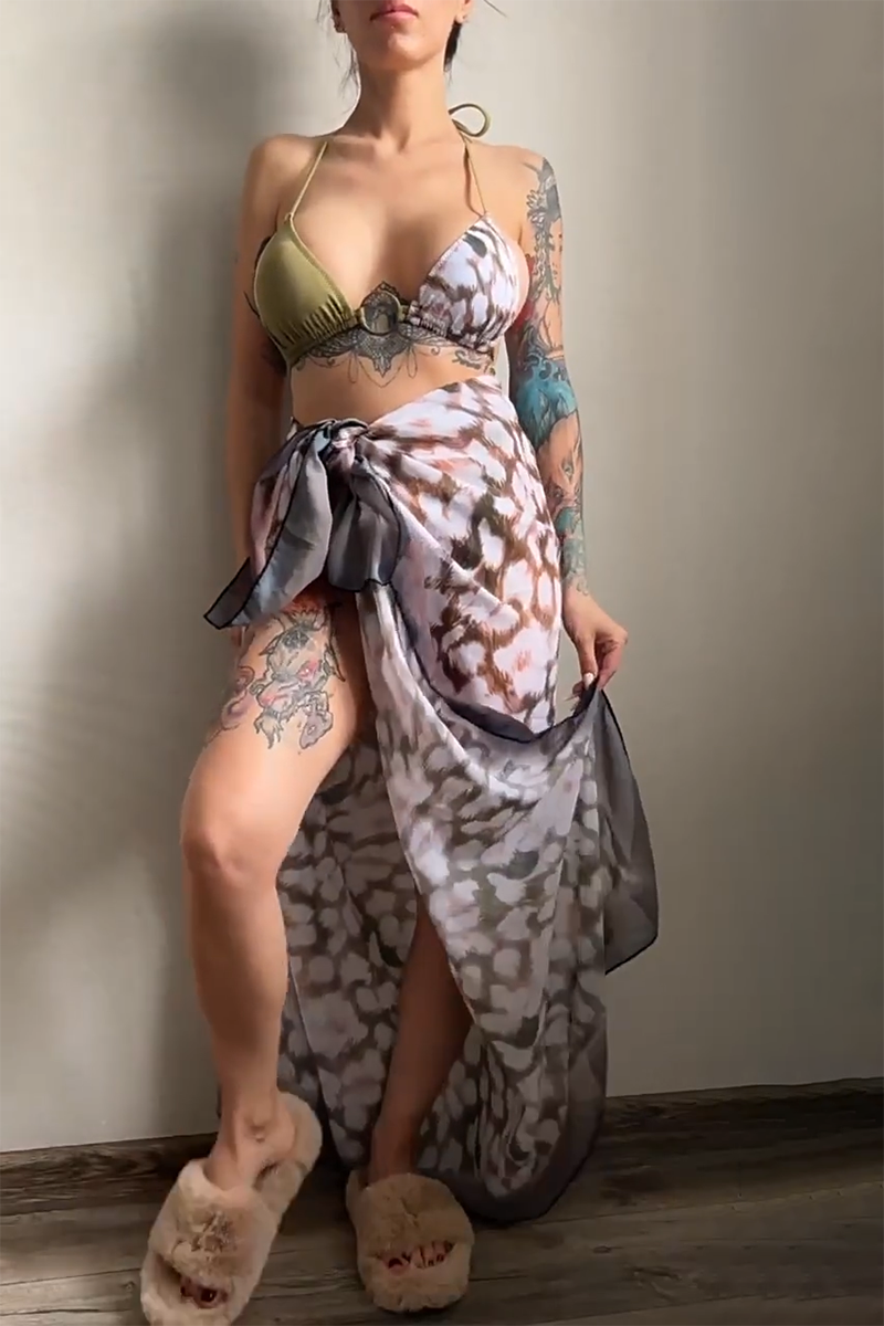 Animal Print Halter Tie Up Maxi Skirt Bikini Three-Piece Set-Green