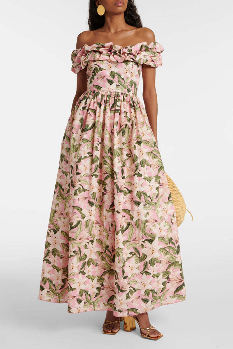 Off Shoulder Ruffle Floral Print Vacation Maxi Dresses-Pink Pre Order