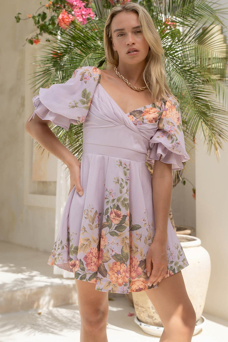 Twisted V Neck Puff Sleeve Floral A-Line Mini Dresses-Purple