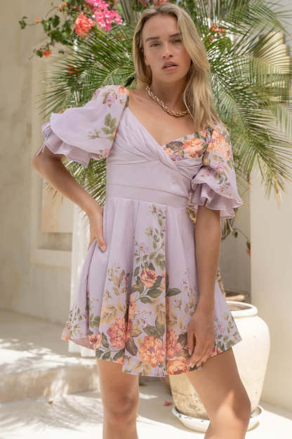 Twisted V Neck Puff Sleeve Floral A-Line Mini Dresses-Purple