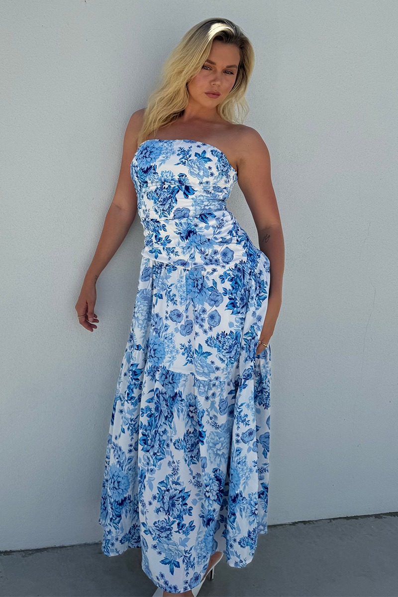 Floral Print Boat Neck Strapless A-Line Maxi Dresses-Blue