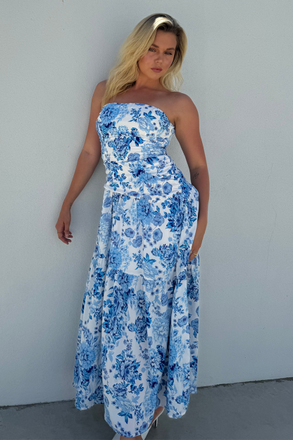 Floral Print Boat Neck Strapless A-Line Maxi Dresses-Blue