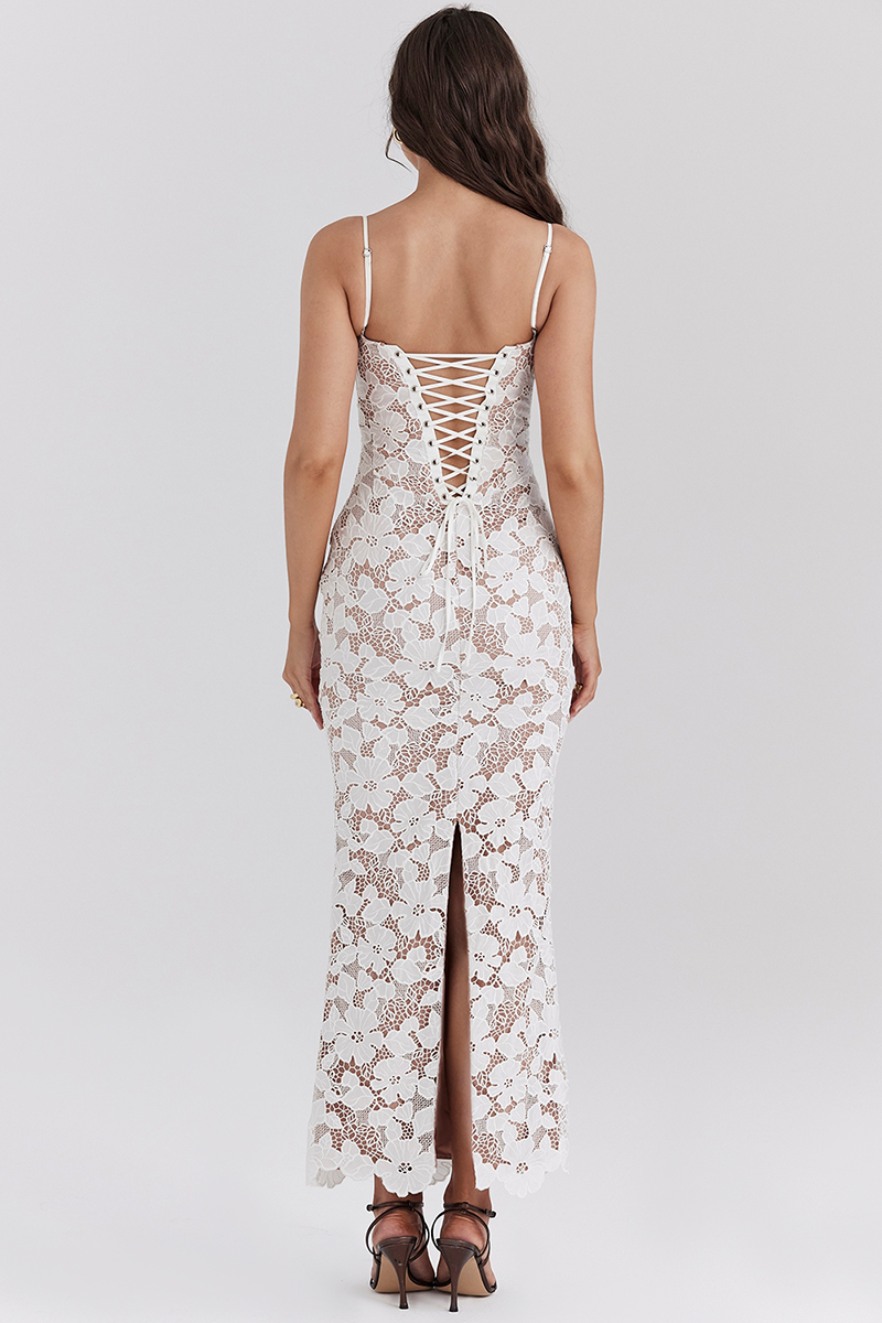 Floral Embroidery Bodycon Spaghetti Strap Maxi Dresses-White