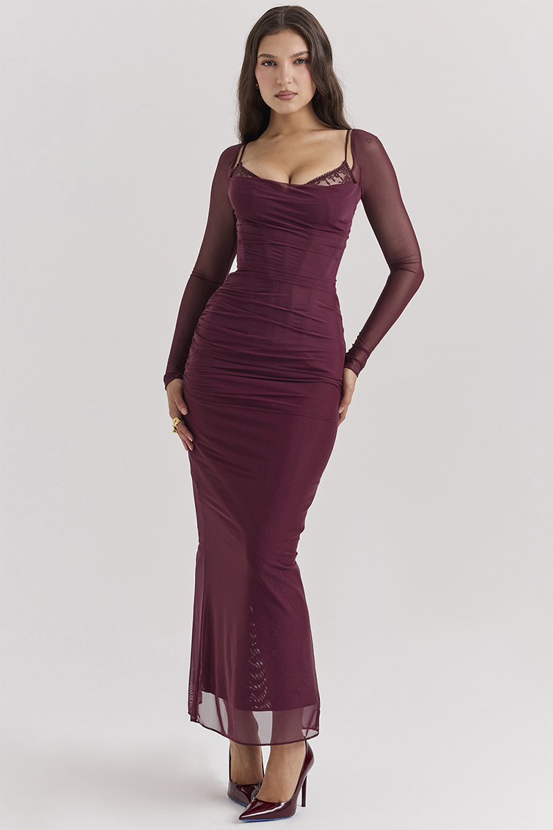 Lace Trim Corset Long Sleeve Bodycon Back Slit Maxi Dresses-Burgundy