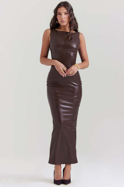 Faux Leather Bodycon Maxi Tank Dresses-Brown