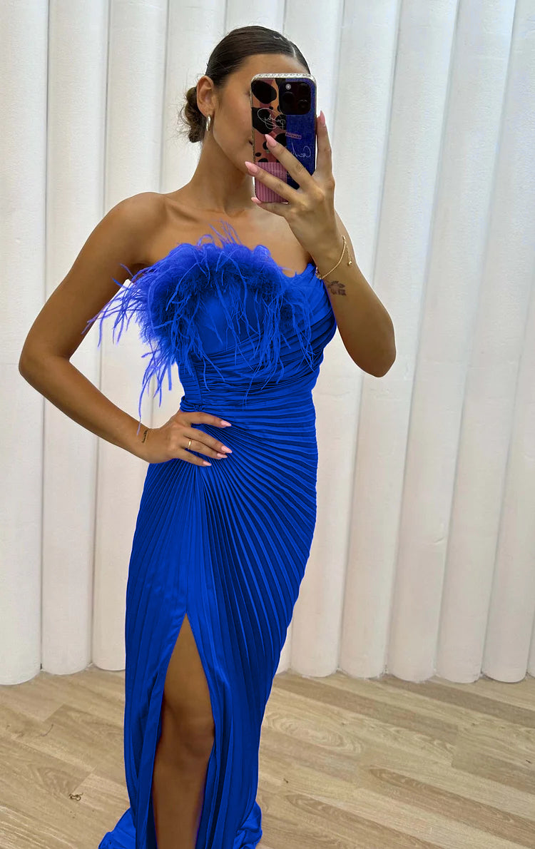 Strapless Feather Trim Pleated Elegant Gown Maxi Dresses