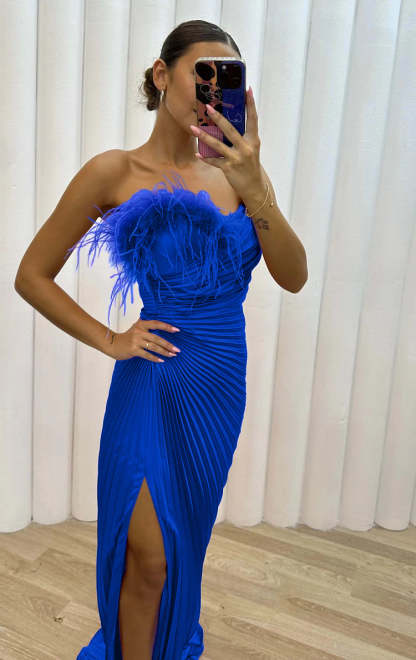 Strapless Feather Trim Pleated Elegant Gown Maxi Dresses