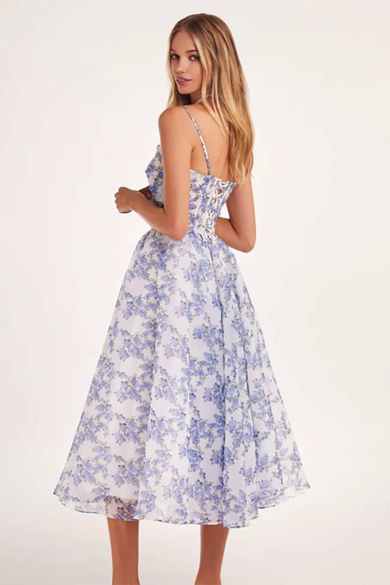 Floral Print Boat Neck Spaghetti Strap A-Line Midi Dresses-Blue