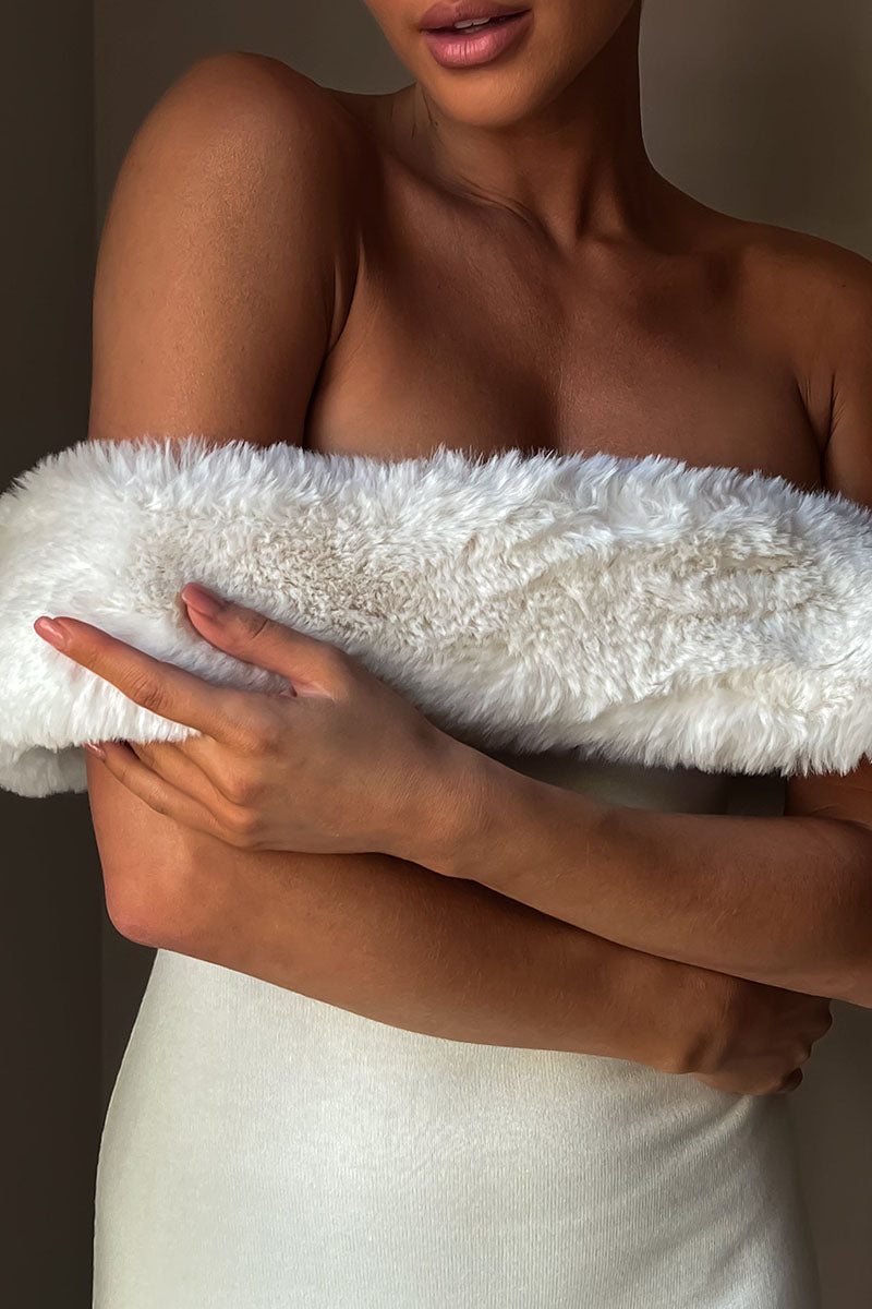 Fuzzy Patchwork Off Shoulder Knit Slim Fit Sweater Midi Dresses-White