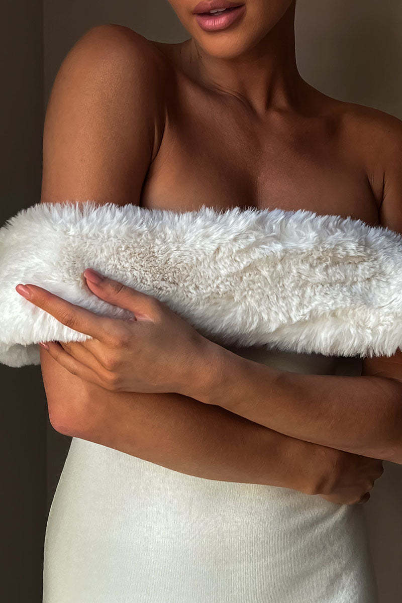 Fuzzy Patchwork Off Shoulder Knit Slim Fit Sweater Midi Dresses-White