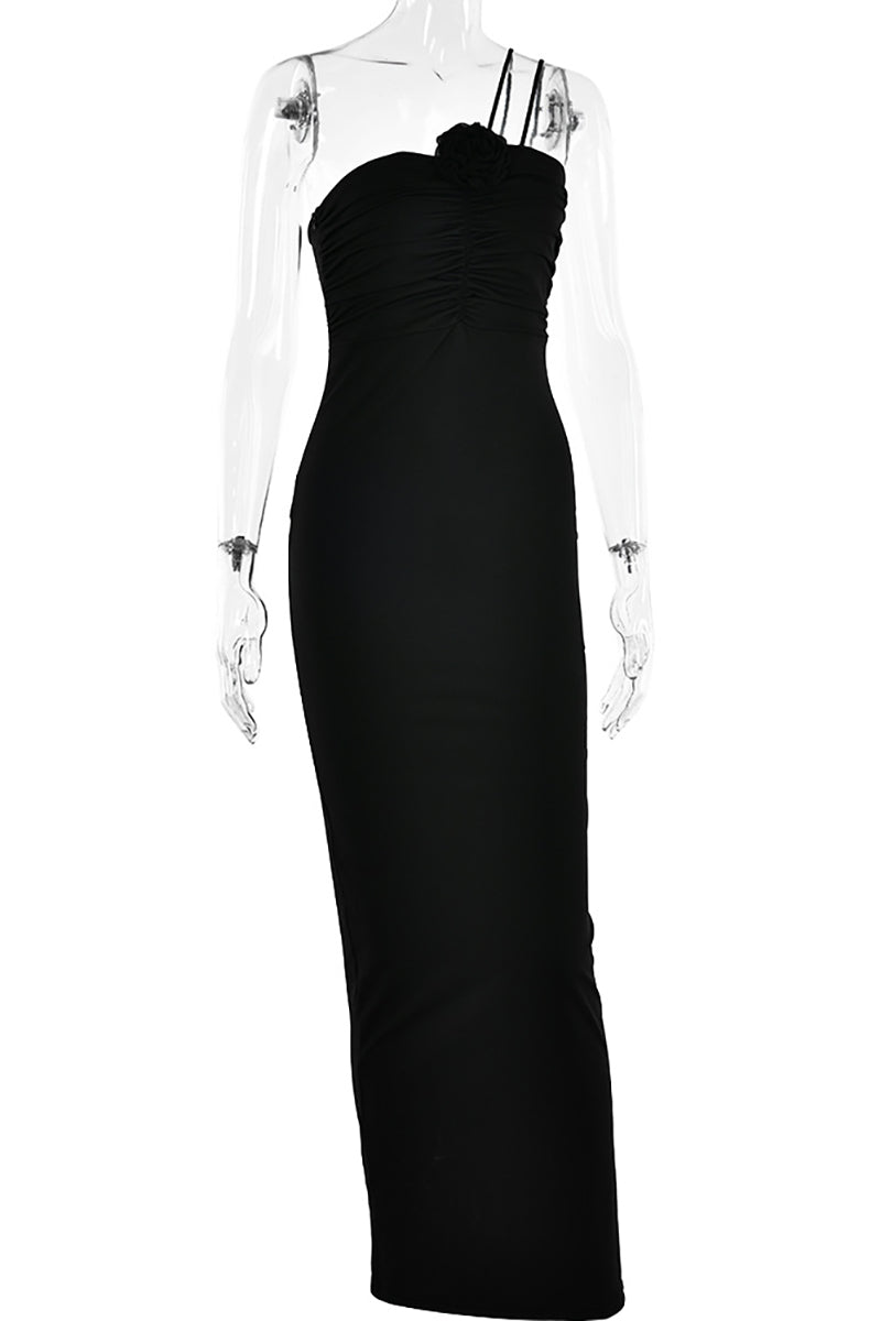 Cami 3D Flower Decor Ruched Backless One Shoulder Bodycon Wedding Guest Maxi Dresses