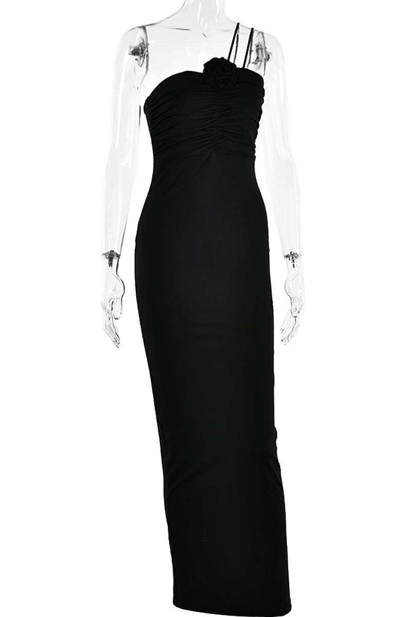 Cami 3D Flower Decor Ruched Backless One Shoulder Bodycon Wedding Guest Maxi Dresses