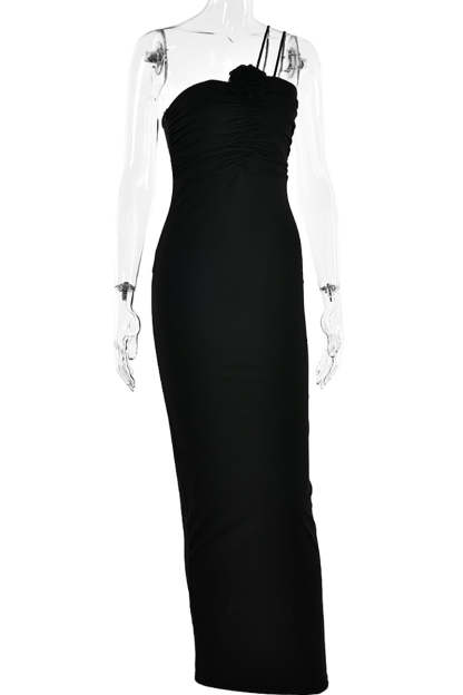 Cami 3D Flower Decor Ruched Backless One Shoulder Bodycon Wedding Guest Maxi Dresses