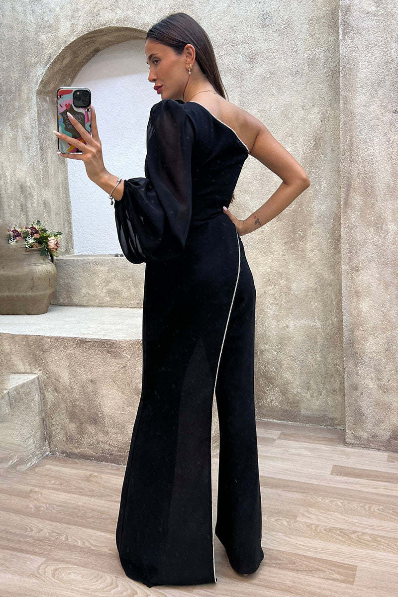 One Shoulder Single Lantern Sleeve Irregular Trim Flared Leg Jumpsuit-Black