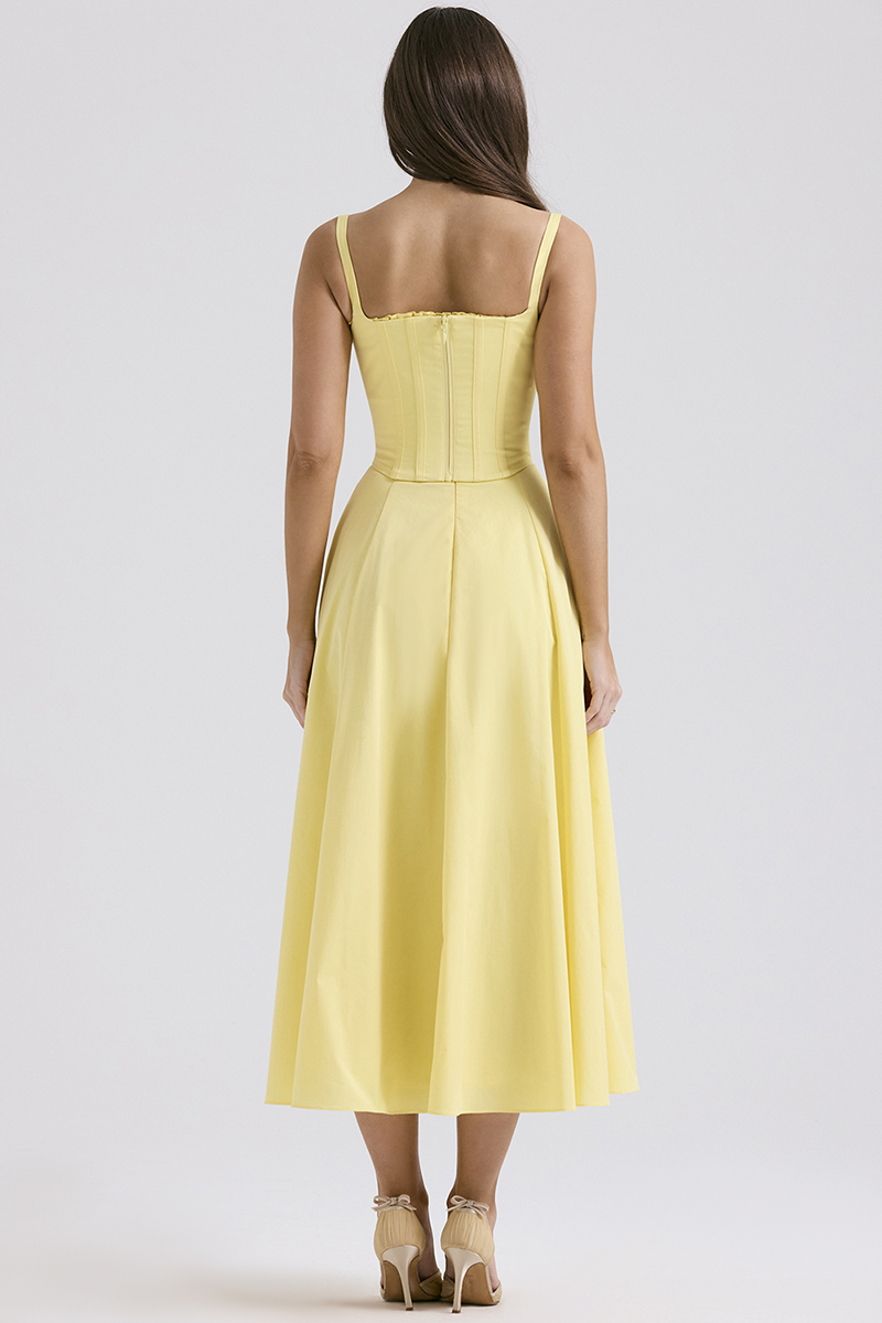 Spaghetti Strap Corset A-Line Slit Hem Midi Dresses-Yellow