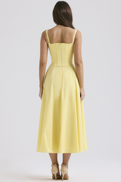 Spaghetti Strap Corset A-Line Slit Hem Midi Dresses-Yellow