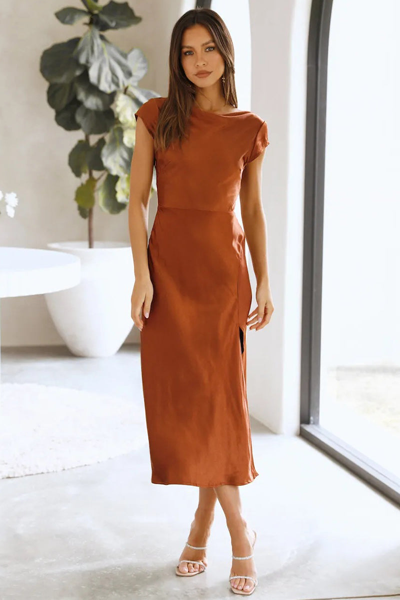 Satin Boat Neck Short Sleeve Backless Twisted Slit Flowy Bridesmaid Midi Dress