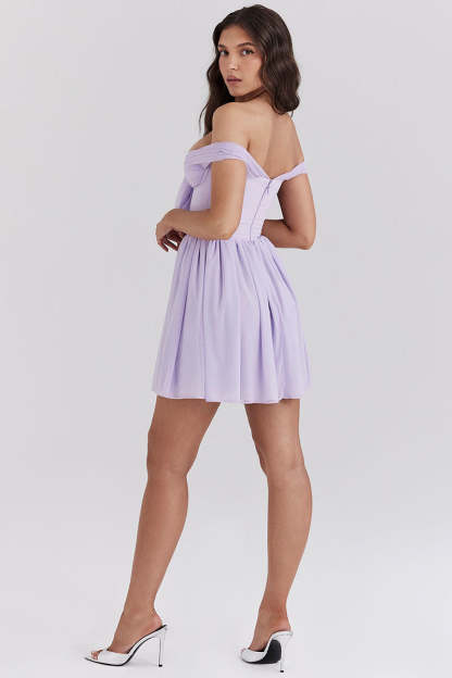 Off Shoulder Tie Up Bow Cinch Waist Ruched Mini Dresses-Purple