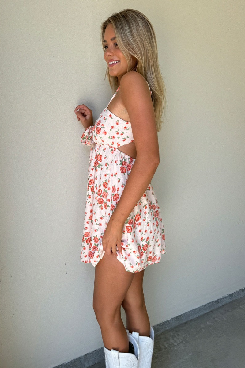 Ditsy Floral Print Tie Up A-Line Backless Slip Mini Dresses-Orange Pre Order