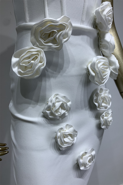 Strapless Corset 3D Flowers Decor Bodycon Gowns Maxi Dresses-White