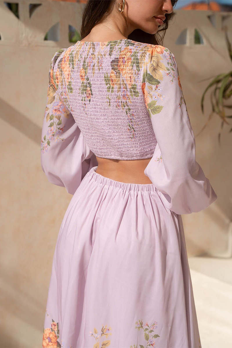 Deep V Neck Lantern Sleeve Cutout Floral Print Midi Dresses-Purple Pre Order