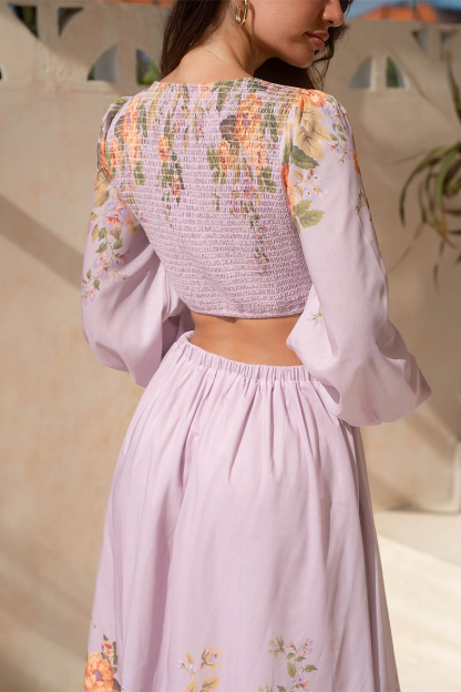 Deep V Neck Lantern Sleeve Cutout Floral Print Midi Dresses-Purple Pre Order