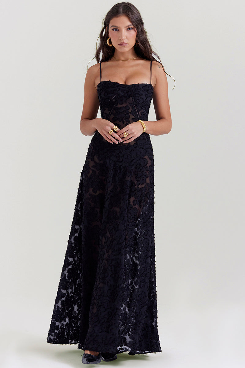 Floral Jacquard Lace Gothic Party Flowy Slip Maxi Dresses-Black