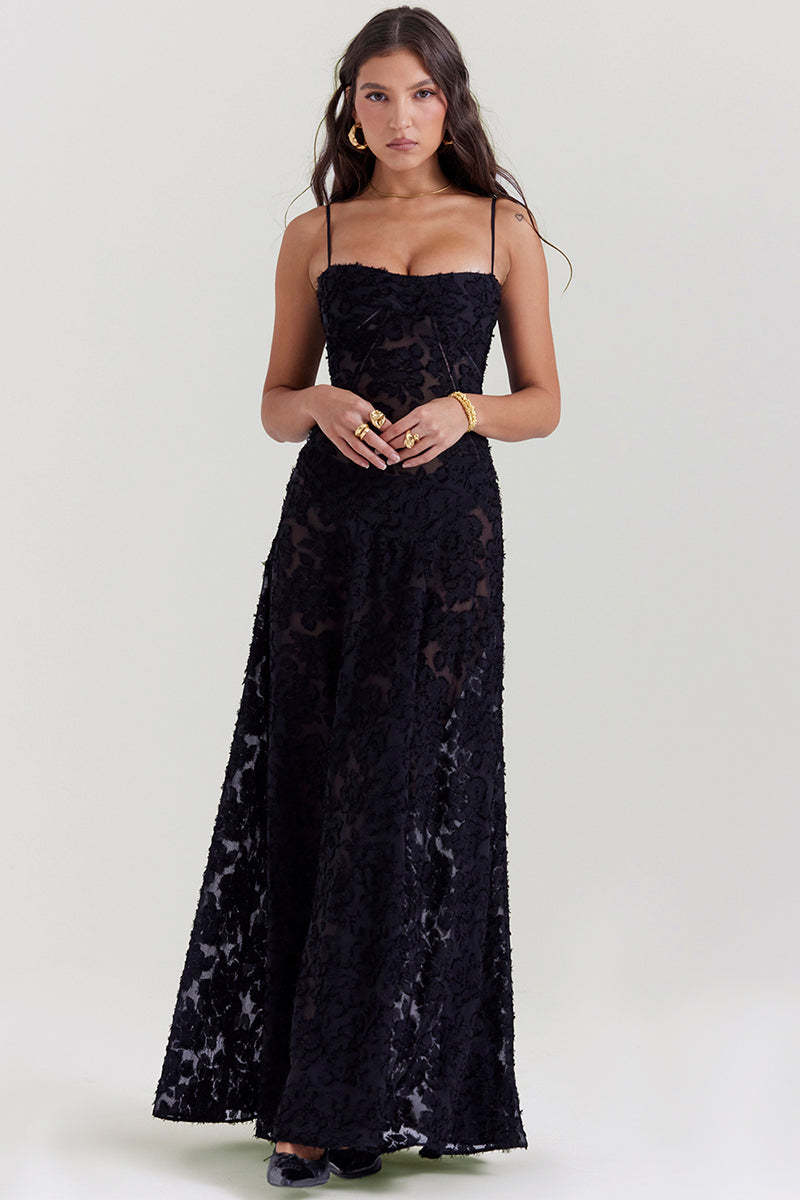 Floral Jacquard Lace Gothic Party Flowy Slip Maxi Dresses-Black