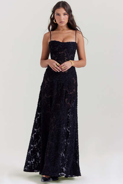 Floral Jacquard Lace Gothic Party Flowy Slip Maxi Dresses-Black