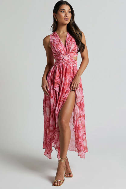 V Neck Ruched Cutout Ruffled Floral Print Slit Midi Dresses-Pink