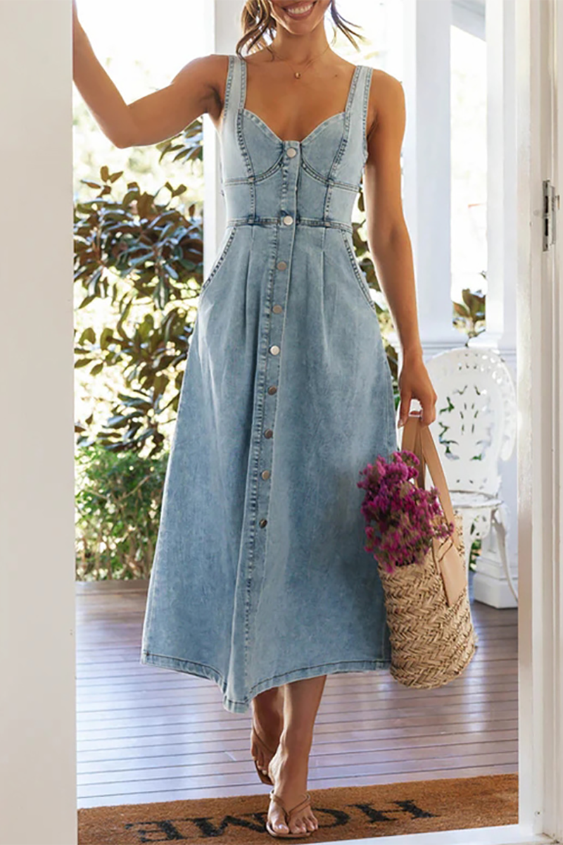 Irregular Neck Cinch Waist Button Up Denim Slip Midi Dresses-Blue