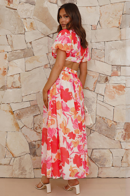 Floral Print V Neck Puff Sleeve Backless A-Line Maxi Dresses-Green