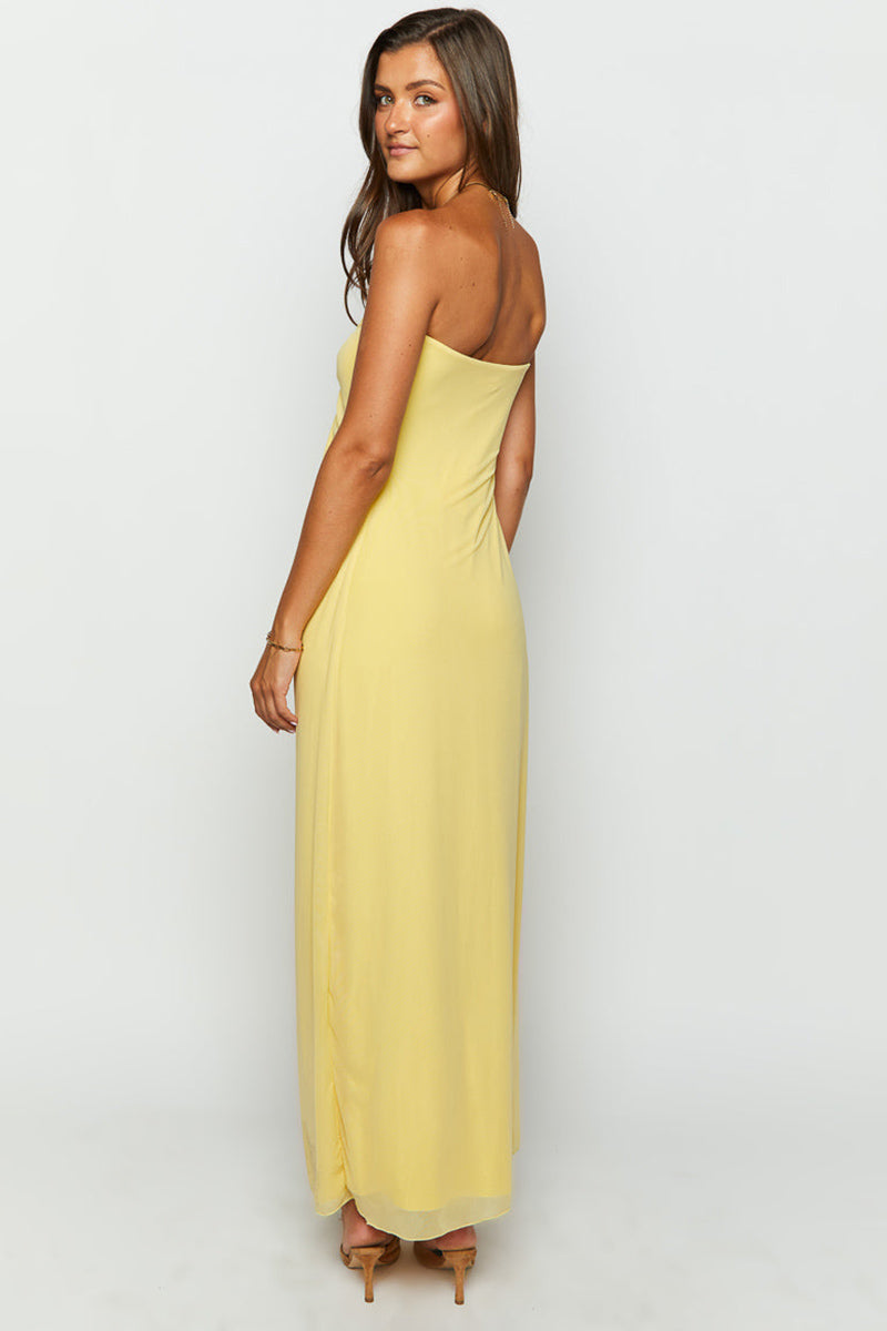 Off Shoulder Notched V Neck Ruched Formal Party Layered Plain Maxi Dresses-Yellow