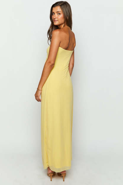 Off Shoulder Notched V Neck Ruched Formal Party Layered Plain Maxi Dresses-Yellow