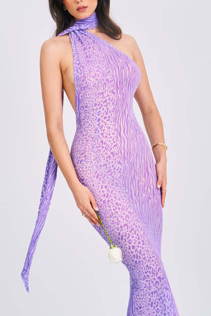 Leopard Print Sash Backless Mermaid Hem Maxi Dresses-Purple