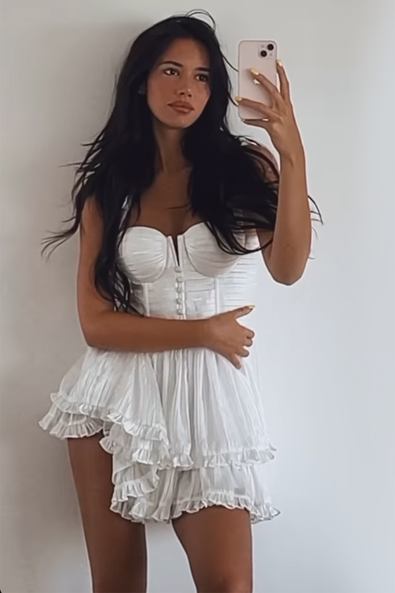Spaghetti Strap Textured Ruffle Button Tiered Mini Dresses-White Pre Order