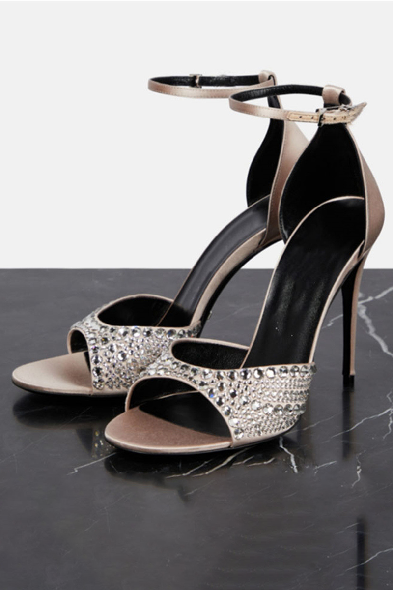 Peep-Toe Rhinestone Decor Ankle Strap Stiletto Heels-Fuchsia