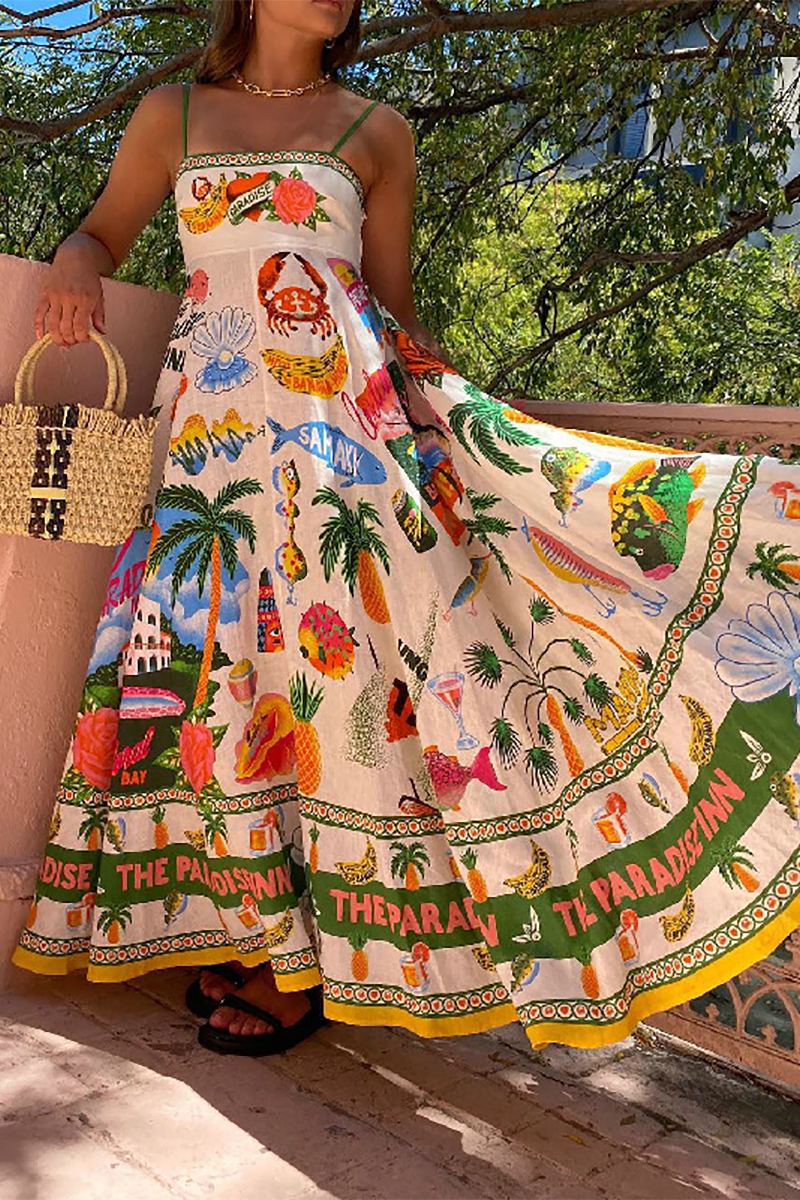 Vacation Mixed Print A-Line Spaghetti Strap Flowy Maxi Dresses-Beige