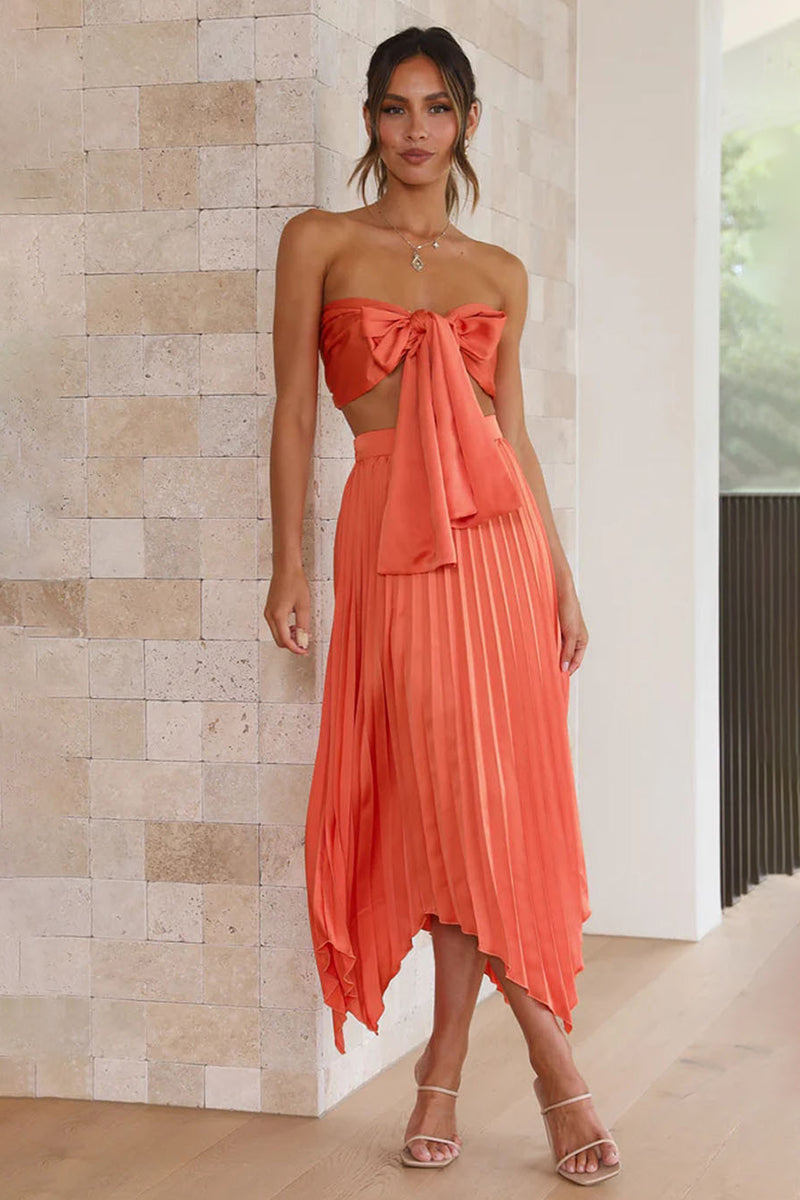 Halter Bow Sleeveless Top Pleated Irregular Hem Midi Skirt Vacation Matching Set