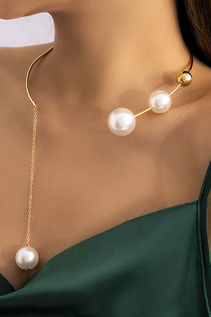 Alloy Pearl Chain Necklace Round Ring Beads Dangle Earrings