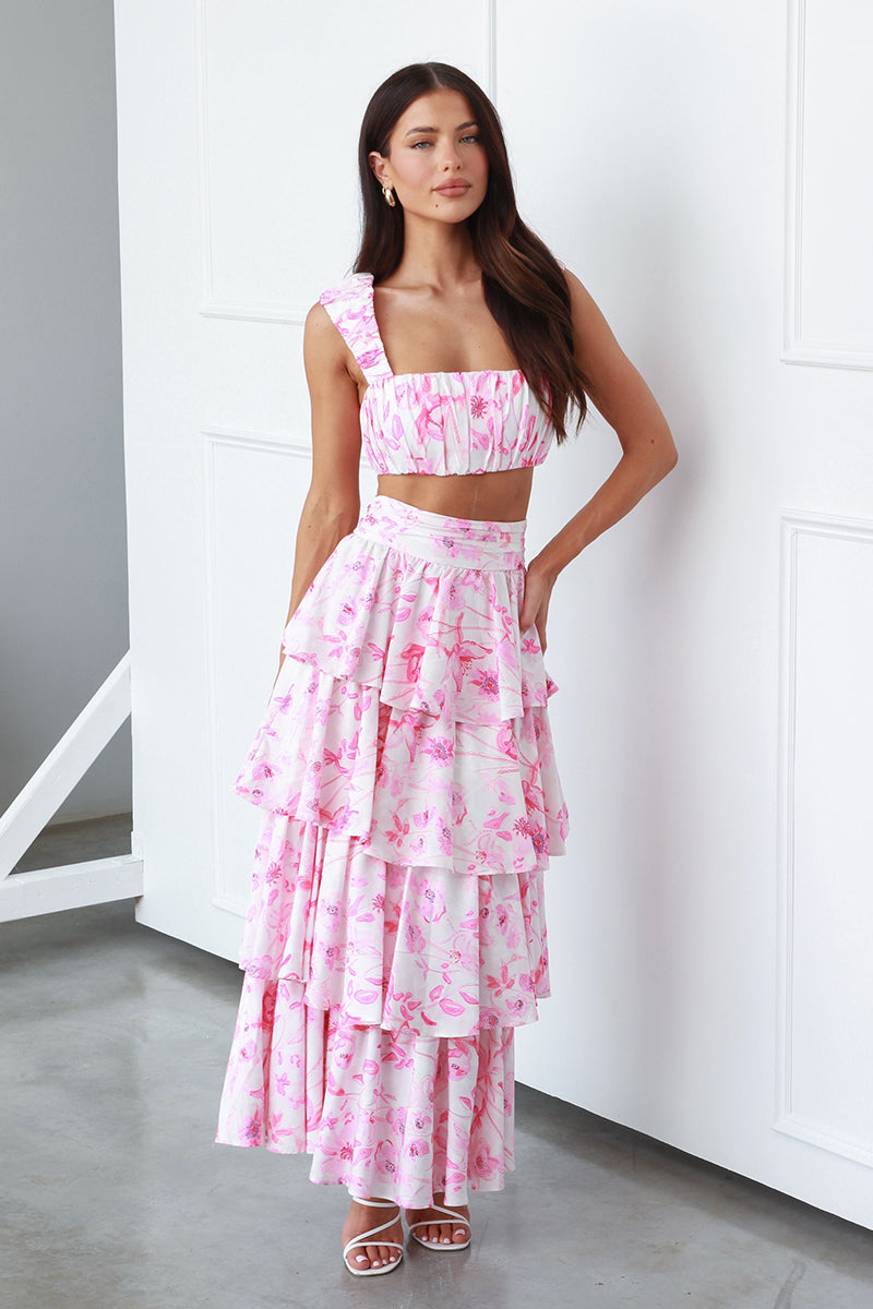 Square Neck Ruched Sleeveless Crop Top High Waist Layered Maxi Skirt Floral Print Matching Set