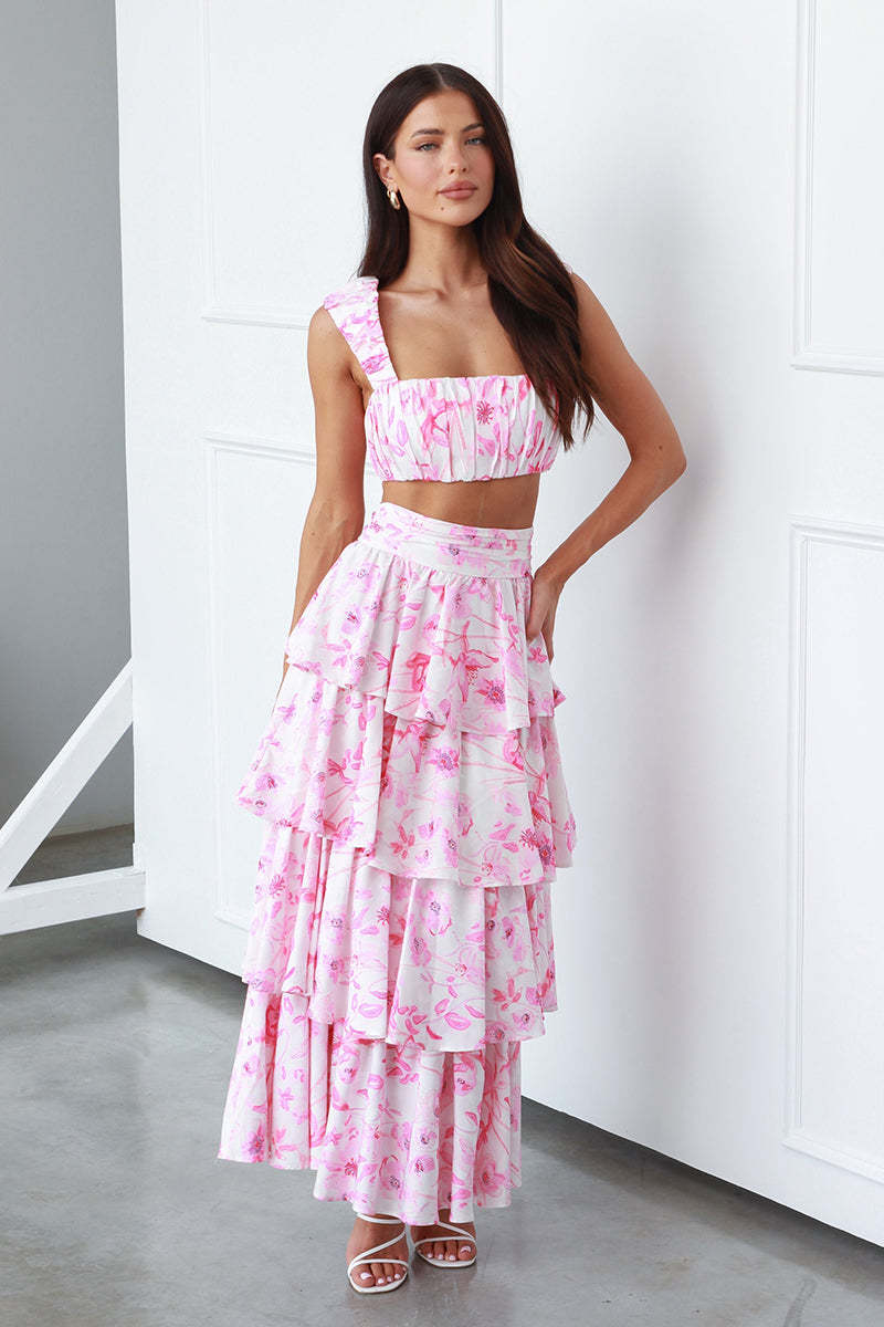 Square Neck Ruched Sleeveless Crop Top High Waist Layered Maxi Skirt Floral Print Matching Set