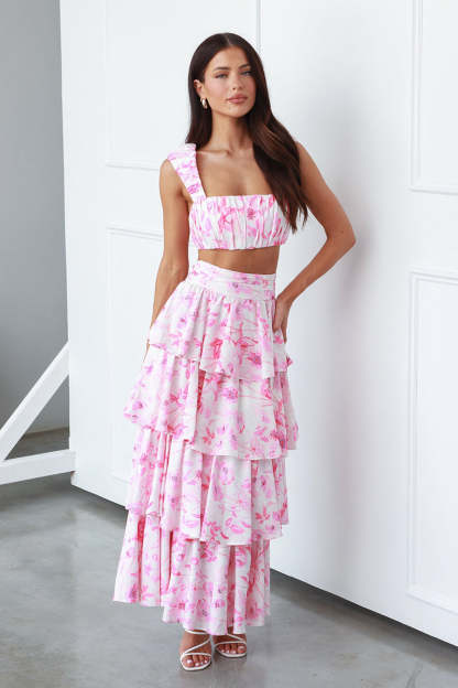 Square Neck Ruched Sleeveless Crop Top High Waist Layered Maxi Skirt Floral Print Matching Set