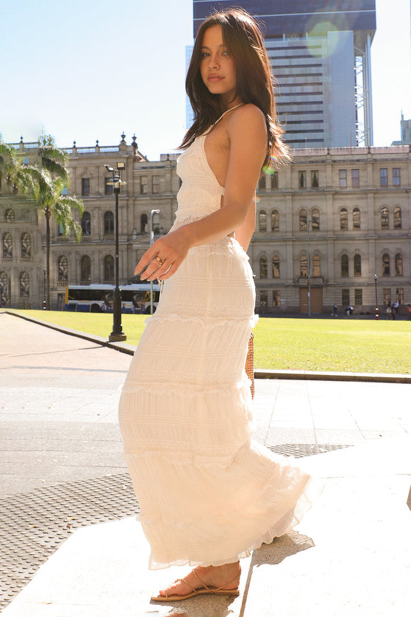 Backless Halter Top Wrinkle Ruffle Maxi Skirt 2pcs Set-Beige